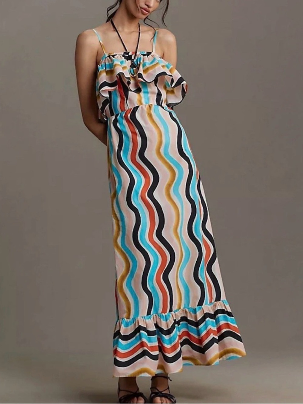 Farm Rio X Anthropologie Sleeveless Ruffle Maxi Dress Wavy Stripe Multicolor